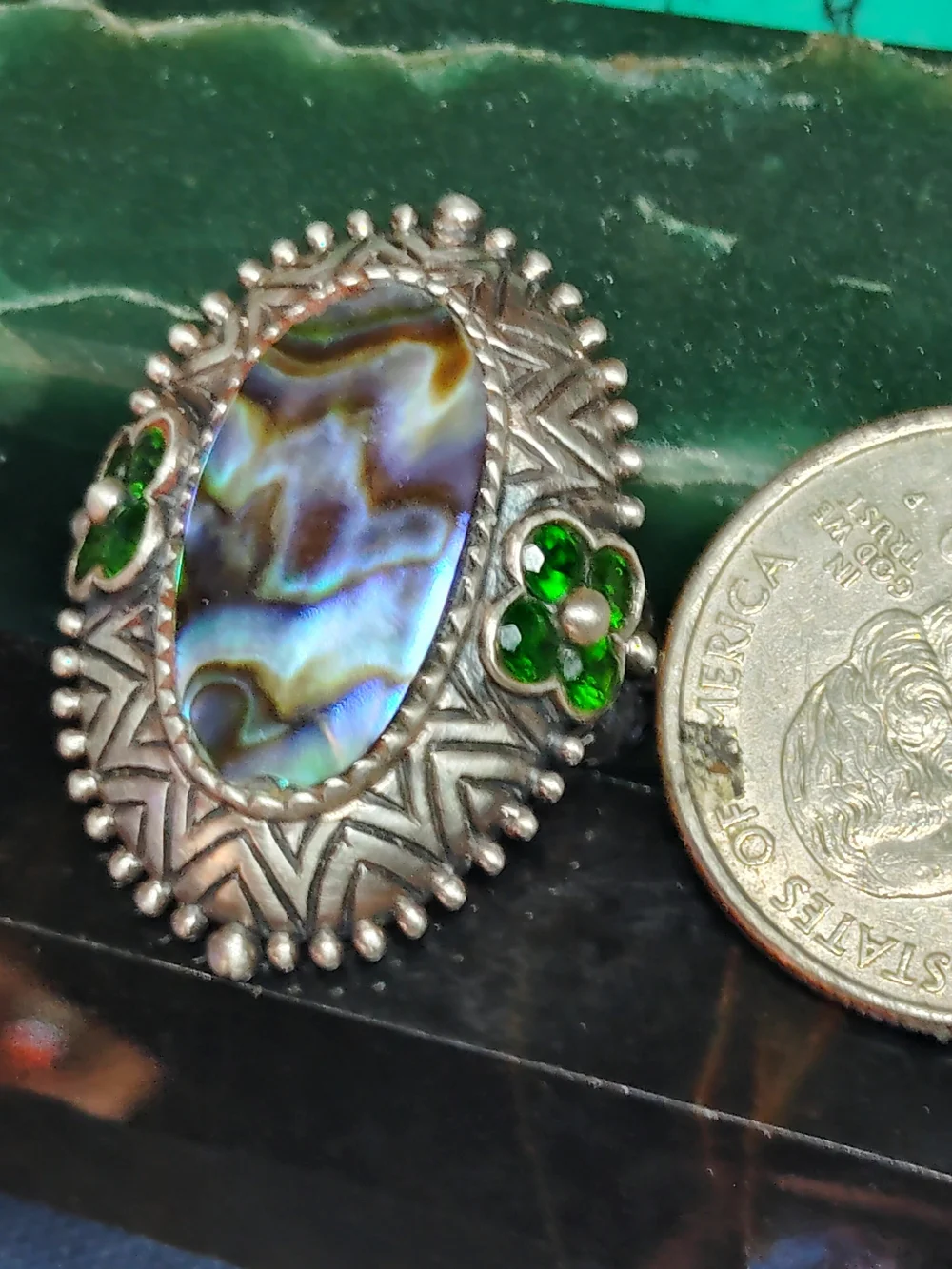 ABALONE & CHROME DIOPSIDE, ORNATE SOLID STERLING, STATEMENT RING.  Sz-9